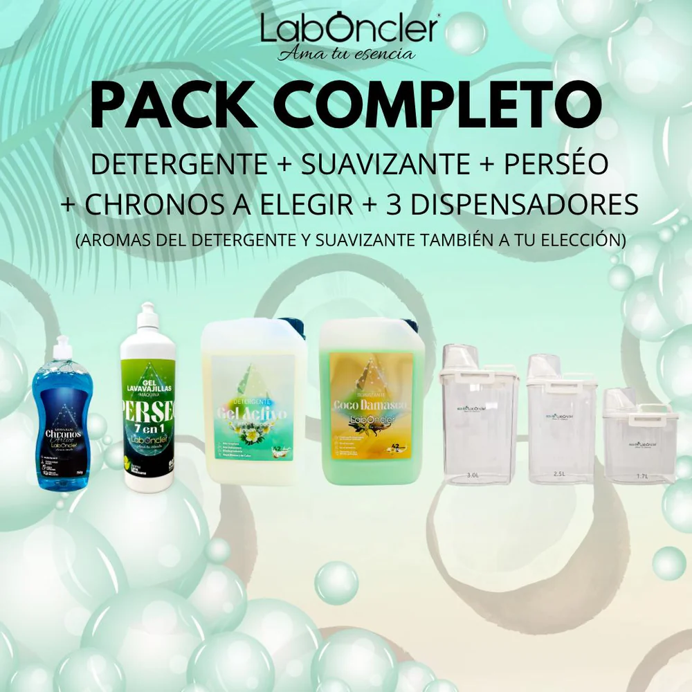 PACK COMPLETO: DETERGENTE + SUAVIZANTE + PERSEO + CHRONOS A ELEGIR + 3 DISPENSADORES